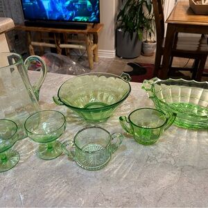 Green carnival glass set
